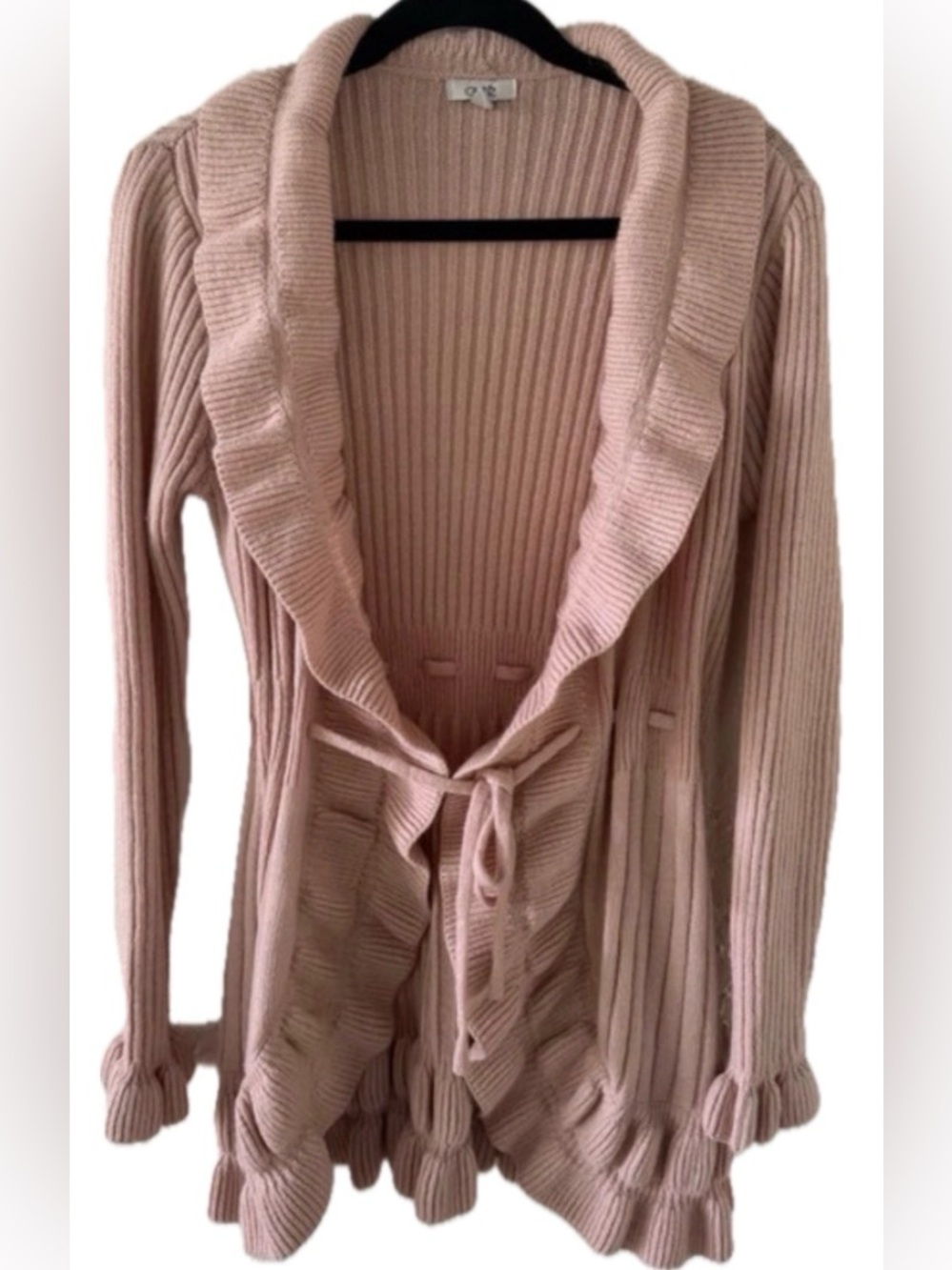 Caché Y2K Pink Wool Angora Ruffle Belted Cardigan Sweater- Lg. NWOT